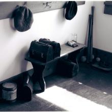 Black and white photo of the school's cloakroom